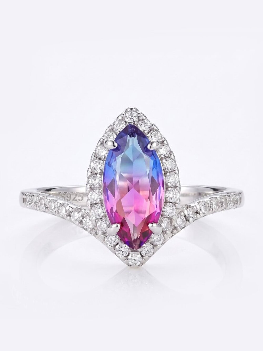 Pink Blue Marquise Gemstone Wishbone ring, 925 Sterling Silver